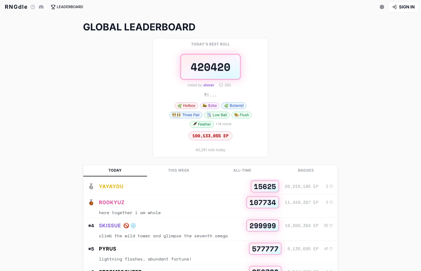 RNGdle global leaderboard with Today, This Week, All-time, and Badges tabs