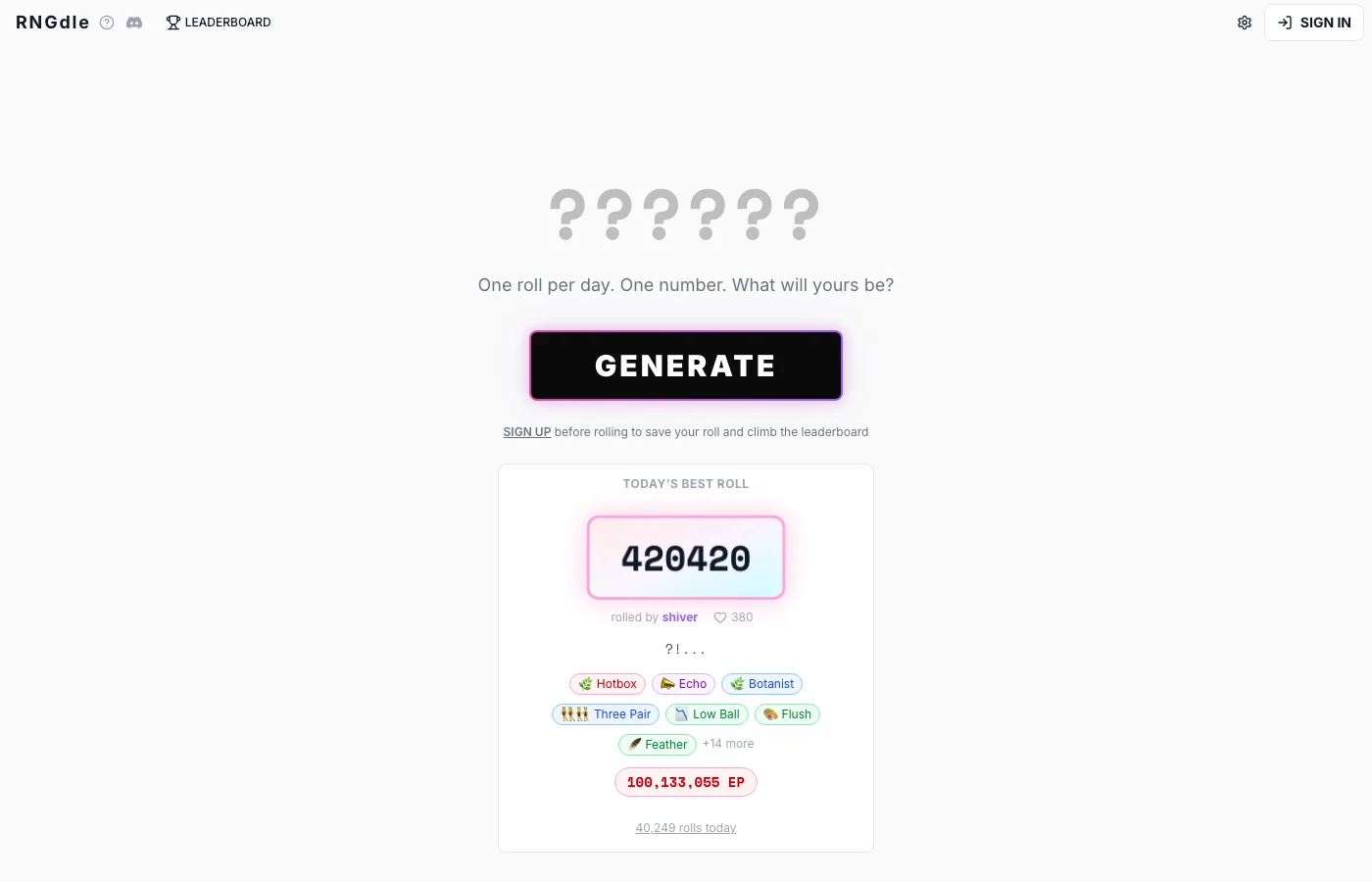RNGdle home on rngdle.com with Generate and the best-roll card showing 420420